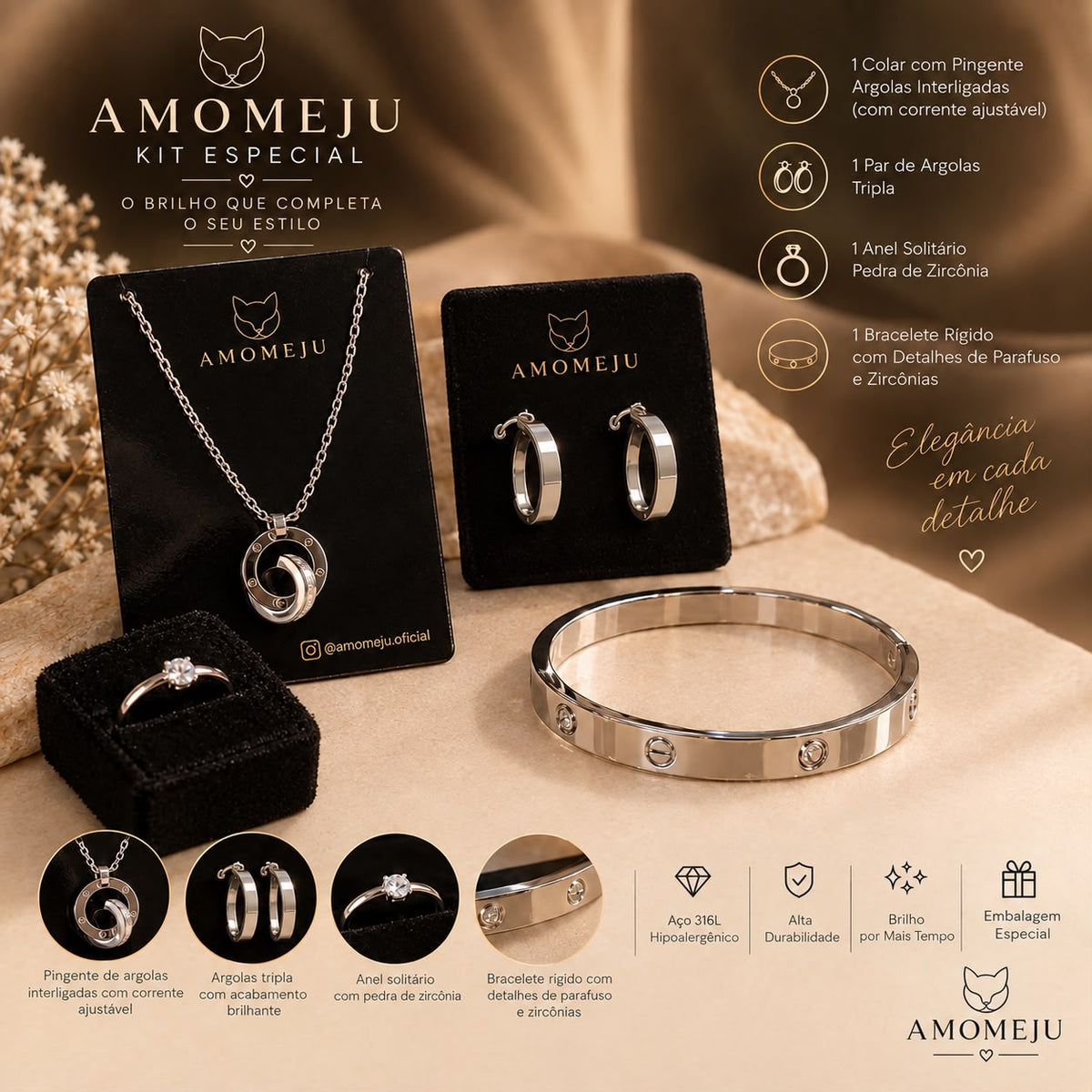 Kit 2 Especial AMOMEJU - 4 Peças Pratas