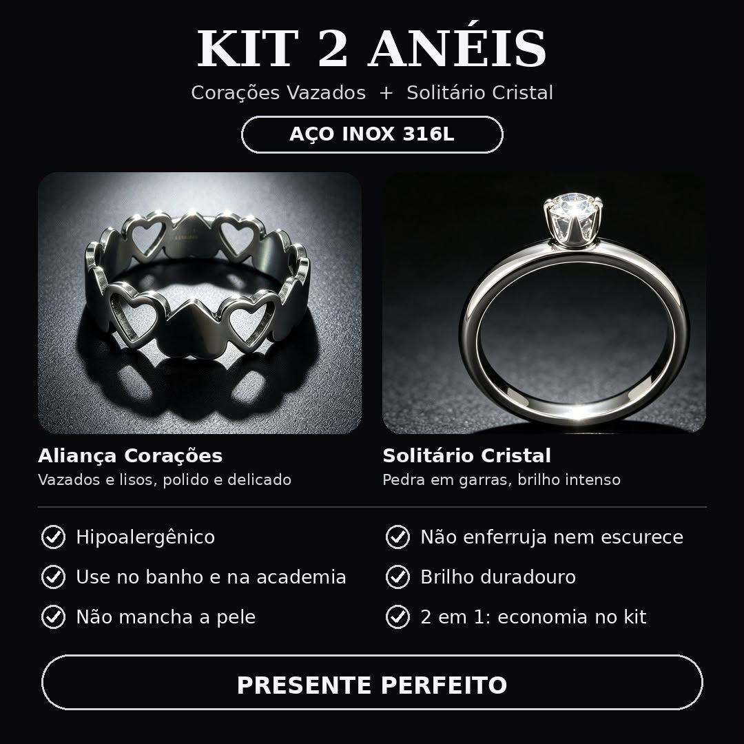 Kit Amor & Brilho: 2 Anéis em Aço Inoxidável 316L