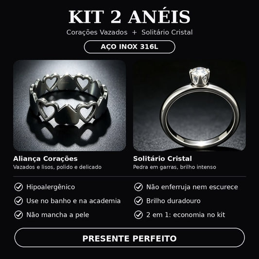 Kit Amor & Brilho: 2 Anéis em Aço Inoxidável 316L